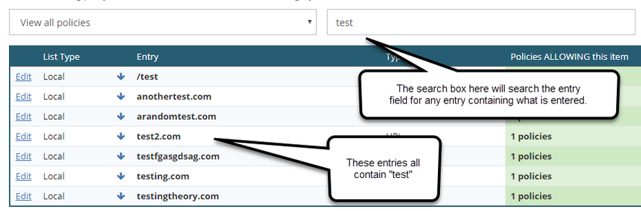 In this example test has been entered and so the results are anything that contains "test". 